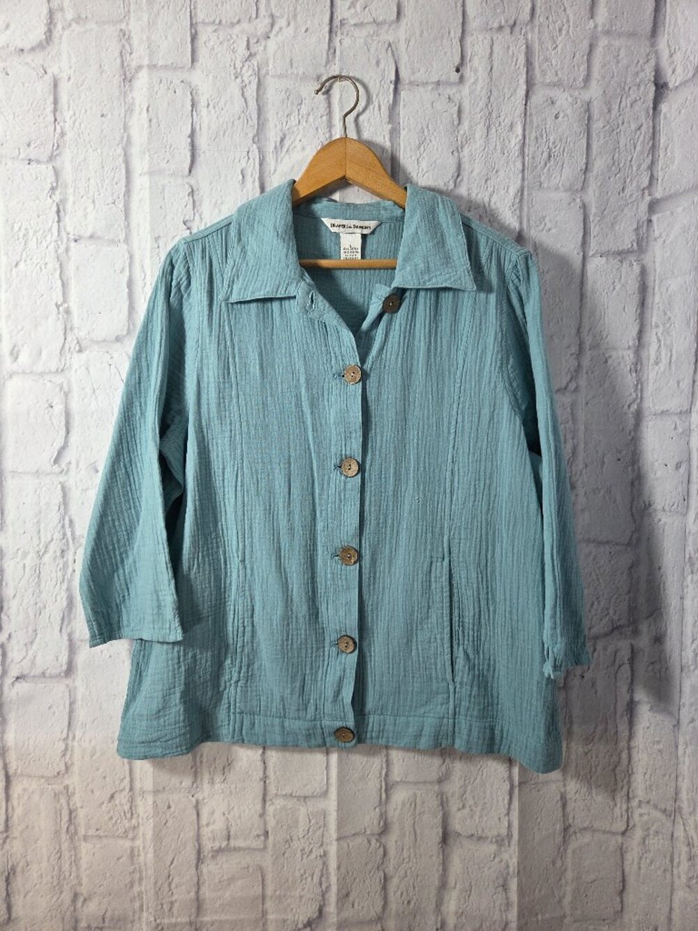 Draper's & Damon's Large Blue Button Front 100% Cotton Gauze Blouse (Flaw)